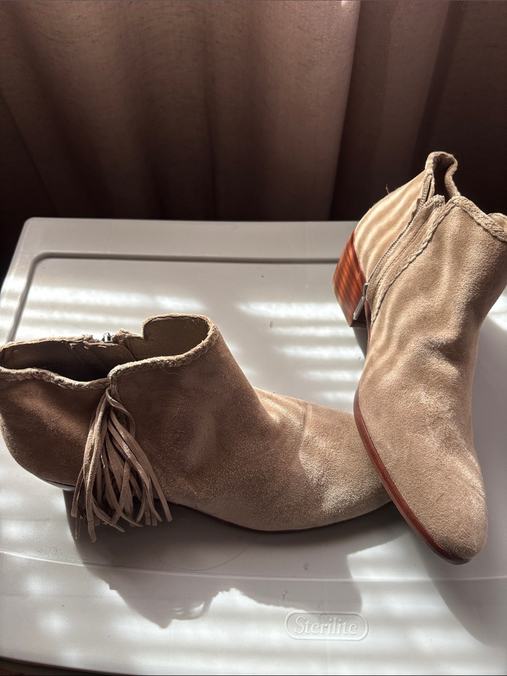 Sam Edelman Taupe Suede Fringe Ankle Boots